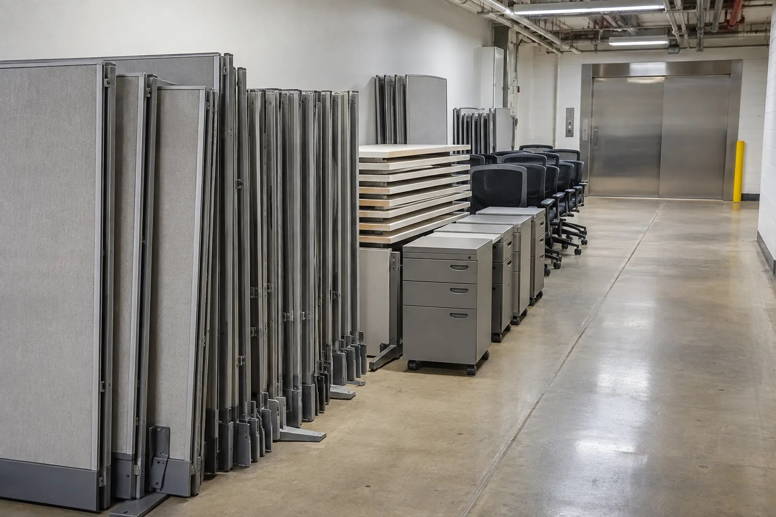 Cubicle & office furniture removal items staged and reviewed