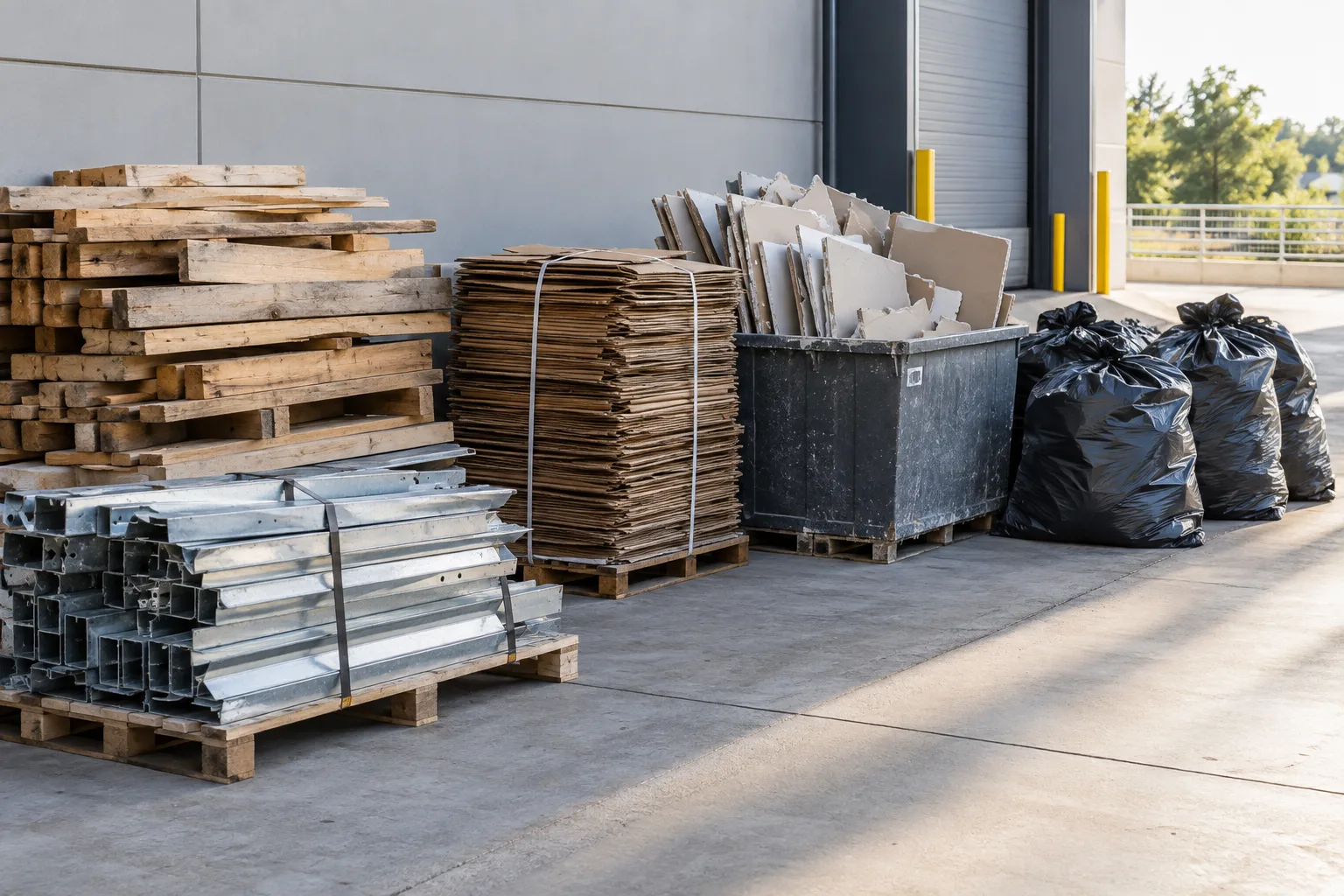 Commercial construction debris removal items staged and reviewed
